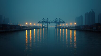 Obraz premium Nighttime View of Busy Shipping Port with Reflections and City Lights in the Background