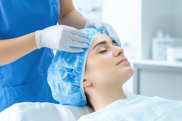 Fototapeta premium Serene Woman Receiving Hair Restoration Scalp Treatment at Beauty Clinic