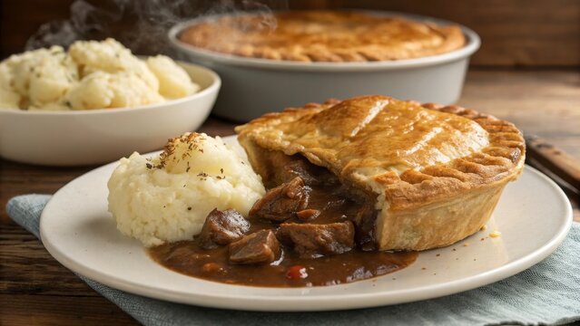 Indulge in a homemade steak and ale pie with golden flaky crust in your cozy kitchen accompanied by creamy mashed potatoes and rich brown gravy