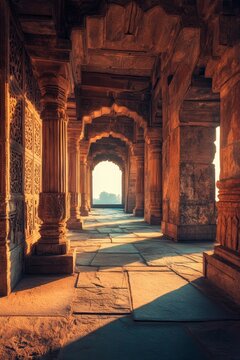 Jama Masjid mosque in Delhi, India, is renowned for its beautiful architectural columns and arches, which display intricate designs and patterns, and are bathed in warm sunlight