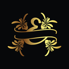 Fototapeta premium Elegant golden letter E with floral design on black background for luxury branding and monogram logos