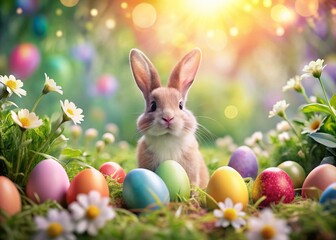 Happy Easter Bunny with Colorful Eggs in Bokeh Garden - Spring Festive Stock Photo
