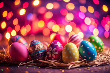 Happy Easter! Colorful Easter Eggs on Pink Background - Night Photography