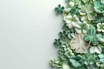 A St. Patrick's day banner featuring paper cut clover leaves on a white background, captured in a flat lay from a top view with copy space