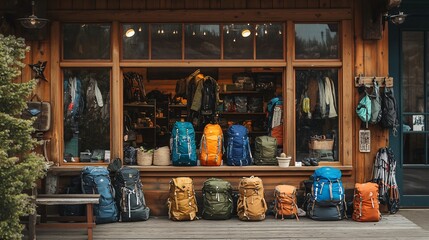 Rustic Outdoor Gear Shop Window Display with Backpacks