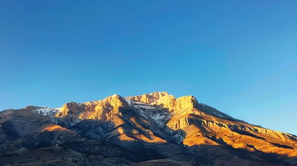 Obraz premium A mountain range with snow-capped peaks against a bright blue sky.