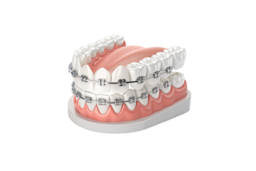 A detailed model of teeth with braces, meticulously crafted to show the metal brackets and wires adjusting alignment. The pink gums contrast with the bright, isolated on a transparent background