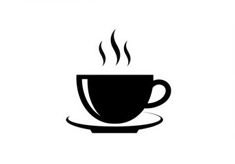 Obraz premium Black and white icon, minimalist coffee cup design, steaming hot beverage, simple silhouette, circular saucer, curved handle, rising steam wisps, bold graphic style, cafe logos