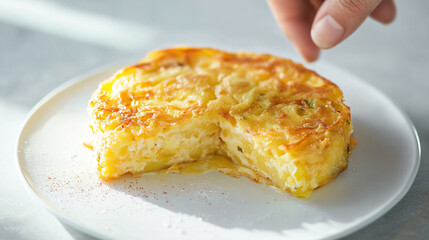 Traditional dish of Spanish cuisine tortilla omelet with potatoes eggs and onions. Chefs hand seasoning frittata