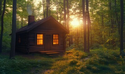 Peaceful forest cabin glowing warmly under the golden hues of a setting sun, surrounded by tranquil greenery