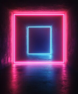 Pink and blue neon squares in a dark room.