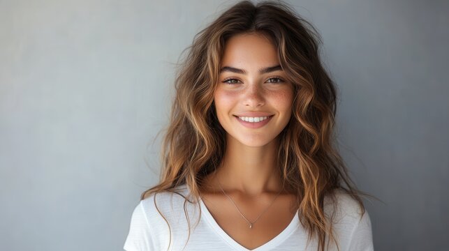 A young woman is smile graces a white v-neck t-shirt against a clean, neutral backdrop, exuding an aura of casual confidence and effortless elegance.