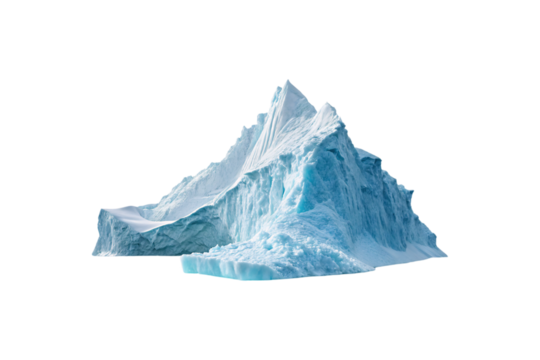 A large iceberg with a jagged, towering peak, isolated against a transparent background. The ice has a mix of smooth and rough textures, with shades of blue and white - Powered by Adobe