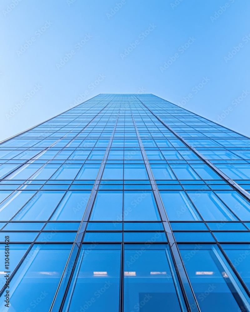 Poster modern architecture skyscraper reflecting the blue sky with geometric glass facade and upward perspe