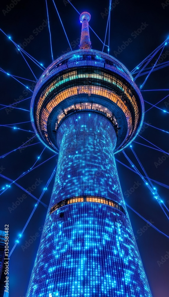 Aufkleber futuristic illuminated tower structure with blue digital display data streaming at night