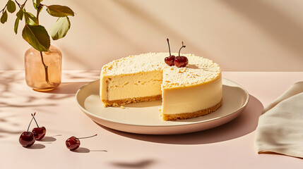 Lemon cheesecake on a white plate, decorated with cherries in a clean, bright aesthetics.