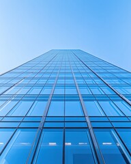 Fototapeta premium Modern architecture skyscraper reflecting the blue sky with geometric glass facade and upward perspective creating a sense of height and ambition