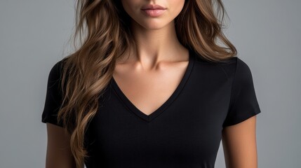 Fototapeta premium A woman is form is elegantly captured in a v-necked black t-shirt, her hands casually tucked into the pockets of the garment, exuding an aura of effortless confidence. The backdrop is a neutral gray