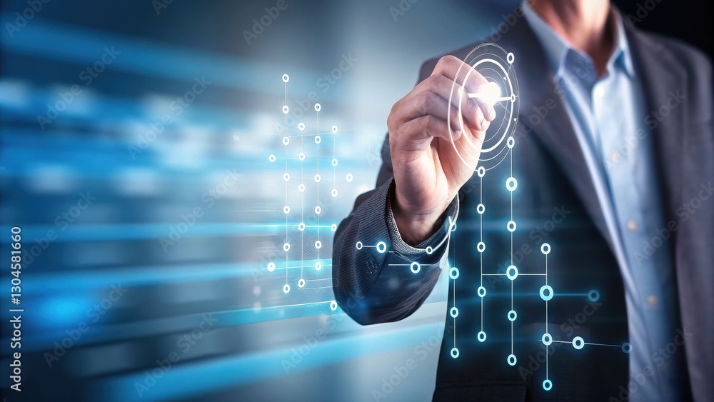 Poster business communication holographic concept a business professional interacts with a digital interfac