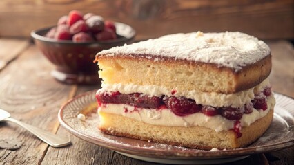 Savoring a slice of victoria sponge cake in a rustic kitchen food photography cozy atmosphere dessert temptation