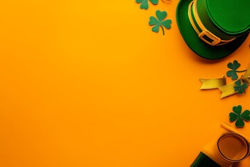 Fototapeta premium An orange background serves as the setting for St. Patrick's Day decorations that include green shamrocks, a glittery leprechaun hat, gold coins, a horseshoe, and colorful pennant banners