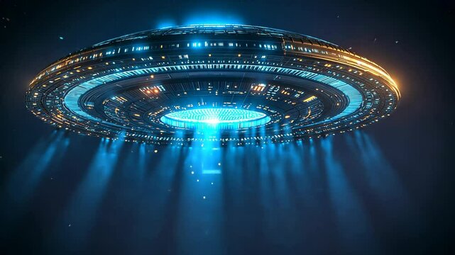 UFO hover over urban city with glow blue light 