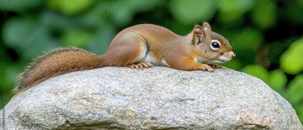 Poster alert red squirrel perched on a rock in a lush green forest environment with a shallow depth of fiel