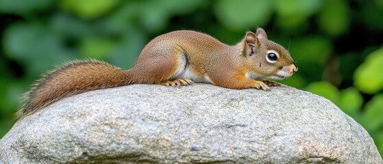 Obraz premium Alert red squirrel perched on a rock in a lush green forest environment with a shallow depth of field
