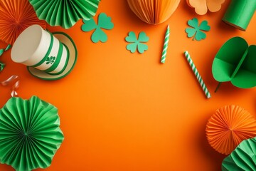 Naklejka premium The St. Patrick's Day background includes green leprechaun hats, shamrocks, gold coins, and colorful bunting, all set on an orange backdrop in a flat lay viewed from the top, offering copy space