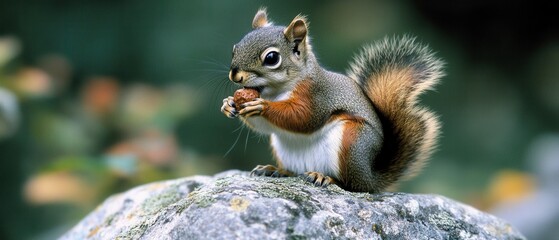 Obraz premium Captivating Squirrel Portrait on Mossy Rock A Charming Wildlife Scene with Detailed Fur and Nut in Natural Light