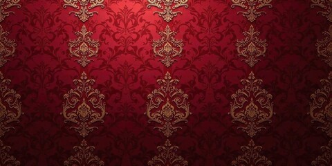 Elegant Crimson and Gold Damask Pattern Background, Ideal for Luxurious Designs and Decor Projects