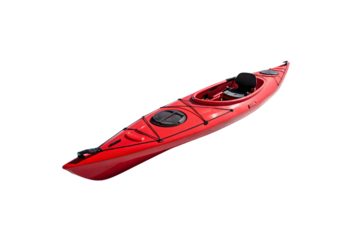 A sporty red kayak with a curved hull, black seat, and sturdy footrests. Its aerodynamic design is ideal for smooth gliding through the water, isolated on a transparent background