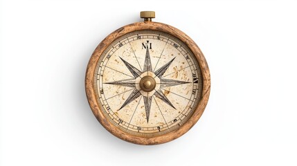 Antique Wooden Compass on White Background
