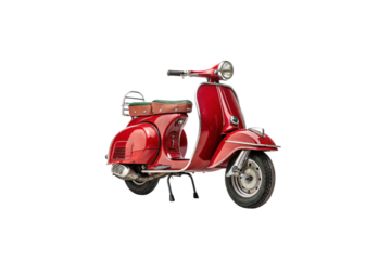 A vintage red scooter with green seats, chrome accents, and a classic round headlamp, resting on its kickstand with a retro-styled body, isolated on a transparent background