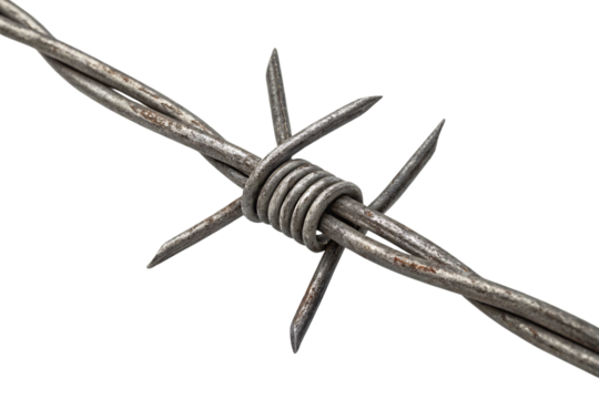 A weathered twisted barbed wire knot, rough with rust, sharp spikes extending outward, evoking a sense of harshness, restriction, isolated on a transparent background