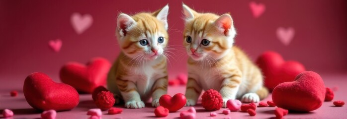 Fototapeta premium Two kittens celebrating valentine's day with red hearts and copy space