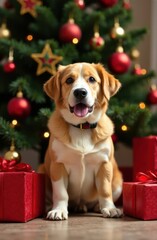 Cute dog sitting near christmas tree with presents