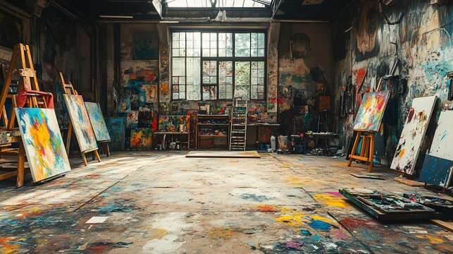 Paint studio with easels and scattered paint, large windows, open floor plan