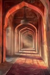 Fototapeta premium An ornate chandelier hangs in the arched hallway of the Jama Masjid mosque in Delhi