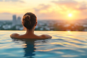 On a sunny summer morning, a young Asian woman takes in the expansive city skyline view from a hotel rooftop pool, savoring the lavish lifestyle of a beautiful tourist beneath a vibrant sky
