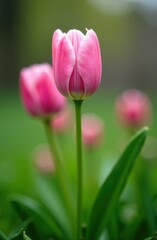 Pink tulip blooming in spring garden with blurred background