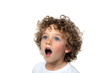A young child with golden curls and wide blue eyes, mouth open in awe. His expression radiates innocence, wonder, and curiosity, isolated on a transparent background