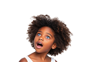 A young girl with voluminous curls and dazzling blue eyes, her mouth open in pure wonder. Her expression exudes fascination, as if caught in a moment of surprise, isolated on a transparent background