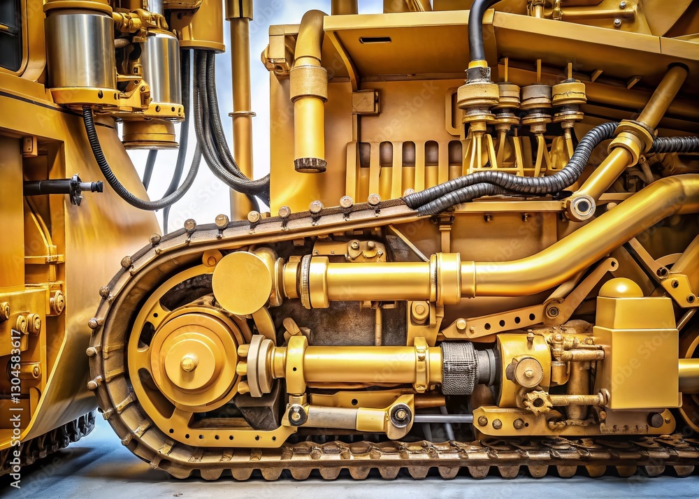 Poster high-detail image showcasing the intricate internal hydraulic system of a bulldozer, emphasizing dep
