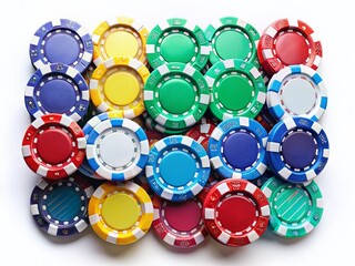 High-Resolution Aerial Photo of Colorful Casino Chips, Isolated on White Background