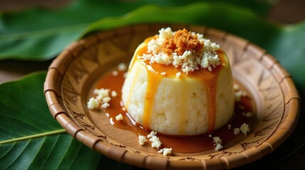 A Delicate Creamy Dessert with Caramel Sauce, Toasted Crumble, and Grated Topping Served on a Rustic Plate