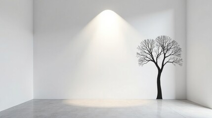 Empty Room with a Single Bare Tree Silhouette on a White Wall Under a Spotlight
