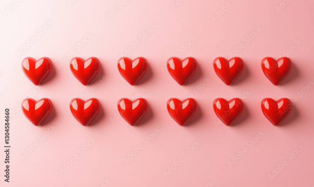 Poster playful array of red hearts arranged neatly on a soft pink background, illuminated by natural light 