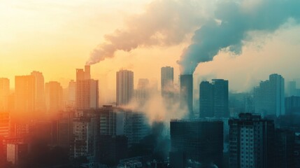 Fototapeta premium Urban skyline shrouded in pollution at sunset