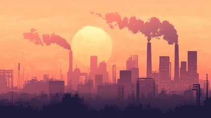 Fototapeta premium Industrial skyline at sunset with smoke and pollution